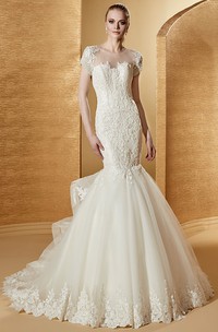 Illusion Jewel-Neck Mermaid Lace Gown With T-Shirt Sleeves And Ruching Train
