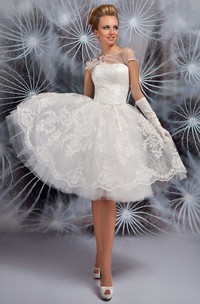 Bateau Short Appliqued Cap-Sleeve Tulle Wedding Dress