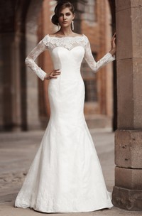 Mermaid Bateau-Neck Floor-Length Long-Sleeve Appliqued Lace Wedding Dress