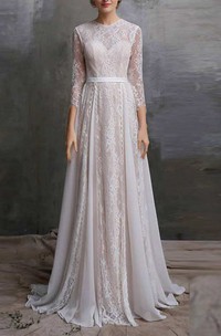 Jewel-Neck Lace Long Sleeve Pleated A-Line Wedding Dress