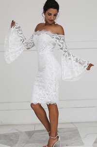 Lace Off-the-shoulder Pencil Long Sleeve Knee-length Zipper Wedding Dress