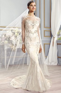 Floor-Length Bateau Long-Sleeve Appliqued Lace Wedding Dress