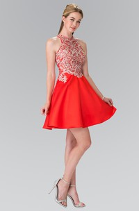 A-Line Short Jewel-Neck Sleeveless Satin Dress With Appliques And Beading