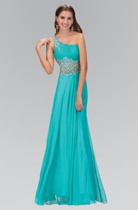 A-Line One-Shoulder Sleeveless Chiffon Dress With Beading And Ruching