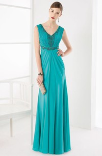 V Neck V Back Sleeveless A-Line Long Prom Dress With Sequined Appliques