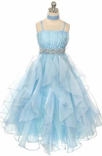 Cape Tiered Empire Pleated Organza Flower Girl Dress With Sash
