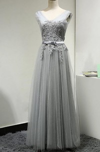V Neck V Back Cap Sleeve A-line Pleated Tulle Long Dress With Applique and Belt