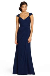 A-Line Long Cap-Sleeve Side-Draped Chiffon Bridesmaid Dress With Split Front And Keyhole Back
