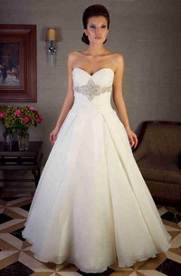 A-Line Ruched Long Sweetheart Organza Wedding Dress With Waist Jewellery And Corset Back