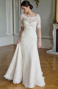 Sheath Short-Sleeve Scoop-Neck Lace Wedding Dress With Illusion