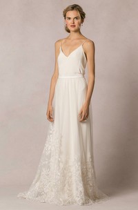 Sheath Floor-Length Appliqued Sleeveless Spaghetti Tulle&Lace Wedding Dress