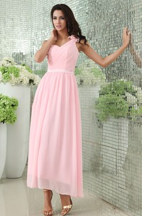 Empire Ankle-Length Dress With Floral Strap And Crisscross Ruching