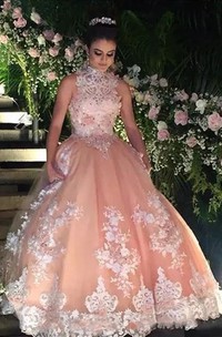 Sleeveless Ball Gown High Neck Floor-length Lace Tulle Prom Dress with Appliques Beading Lace