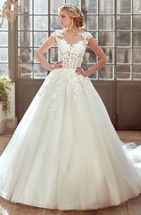 Cap-Sleeve Wedding Dress with Pleated Tulle Skirt and Lace Corset