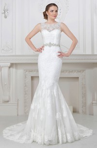 Mermaid Sleeveless Floor-Length Appliqued Bateau-Neck Satin Wedding Dress With Waist Jewellery