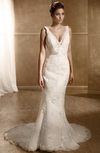 Sheath Floor-Length Sleeveless Appliqued V-Neck Lace Wedding Dress With Chapel Train And Deep-V Back