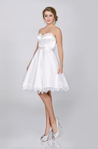 A-Line Short Satin Sweetheart Wedding Dress With Lace Hemline