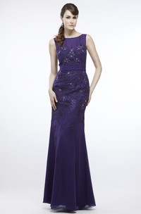 Sheath Scoop-Neck Sleeveless Appliqued Floor-Length Chiffon Prom Dress With Beading