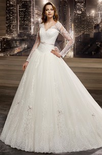 Illusion V-neck A-line Wedding Dress with Long Sleeves and Back Bow 