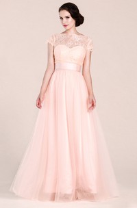 Cap Sleeve A-line Lace Tulle Bridesmaid Dress With Ribbon Belt