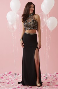 Two-Piece Sheath High Neck Sleeveless Jersey Lace Illusion Dress With Beading And Split Front