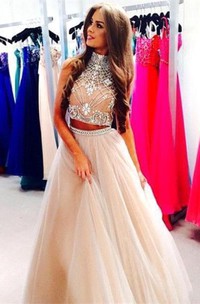 Gorgeous Two Pieces High-Neck Prom Dresses Beadings Tulle A-Line