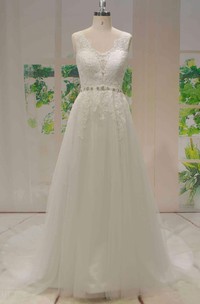 V-back Tulle A-line Beaded Sash Sleeveless Lace Wedding Dress With Buttons
