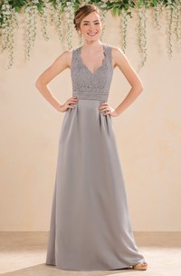 V-Neck Sleeveless A-Line Bridesmaid Dress With Lace Bodice And Keyhole Back