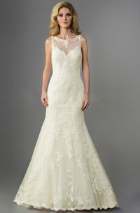 Bateau-Neck Trumpet Wedding Dress With Appliques And Illusion Back