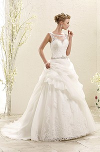A-Line Floor-Length Sleeveless Bateau-Neck Pick-Up Lace&Organza Wedding Dress With Waist Jewellery And Appliques