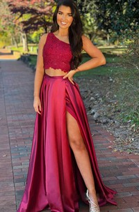 Satin Lace Sleeveless Two Piece One-shoulder Floor-length Prom Dress With Split Front
