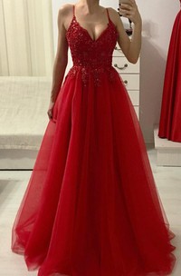 A Line Sleeveless Tulle Simple Evening Dress with Appliques and Beading