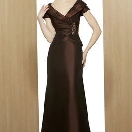 A-Line Broach Short-Sleeve V-Neck Floor-Length Satin Formal Dress With ...