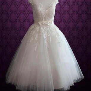 Jewel Neck Lace Bodice Short Dress With Sash And Appliques - UCenter Dress