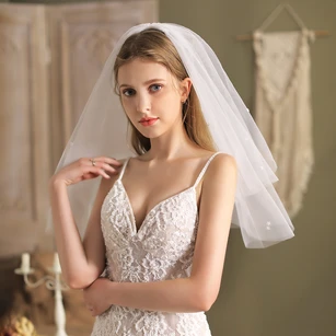 European Style Short Bridal Veil with Flowers - UCenter Dress