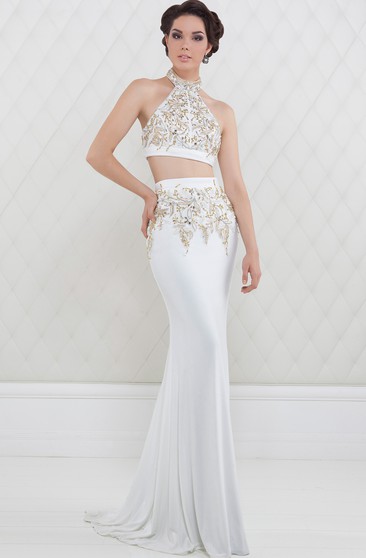 white and gold long sleeve prom dress