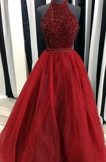 red halter prom dress