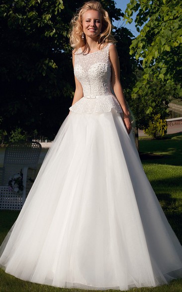 Floor-Length Scoop Peplum Tulle Wedding Dress With Beading And V Back