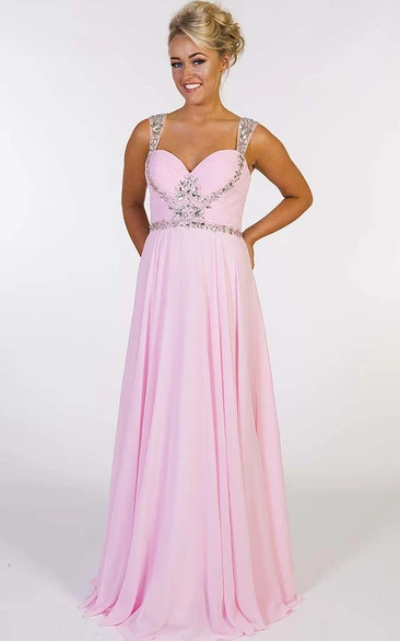 A-Line Ruched Strapped Sleeveless Floor-Length Chiffon Prom Dress With Beading