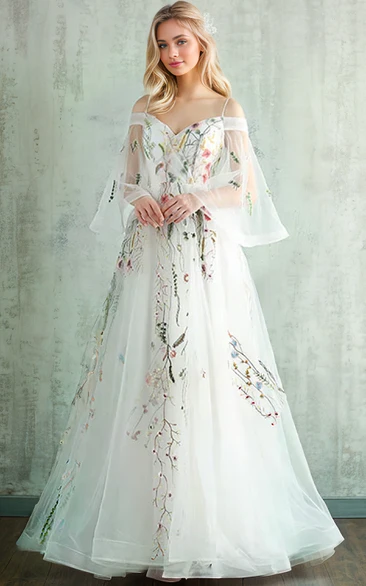 Spring Sexy Elegant Beach A-Line Lace Tulle Wedding Dress Romantic Adorable Bell Sleeve Court Train Ball Gown