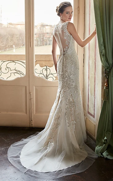 Sheath Long Appliqued Sleeveless V-Neck Lace Wedding Dress
