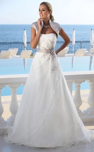 A-Line Floor-Length Cap-Sleeve Organza Wedding Dress With Side Draping And Appliques