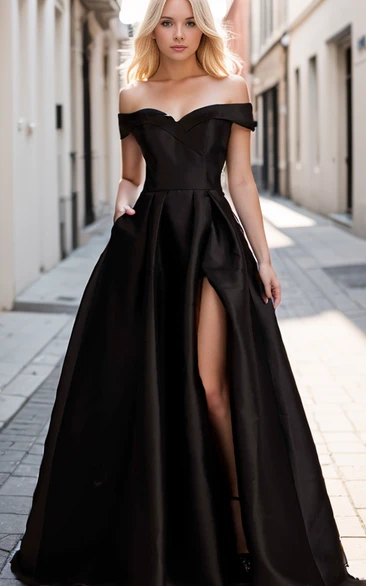 Modern Modest Black A-Line Off the Shoulder Consignment Wedding Dress Elegant Satin High Slit Tied Back Ball Gown