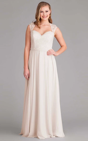 V-Neck Lace Cap Sleeve Chiffon Bridesmaid Dress With Bow And Keyhole