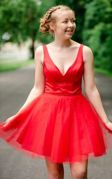 Simple Mini A-Line V-neck Satin Tulle Sleeveless Homecoming Dress