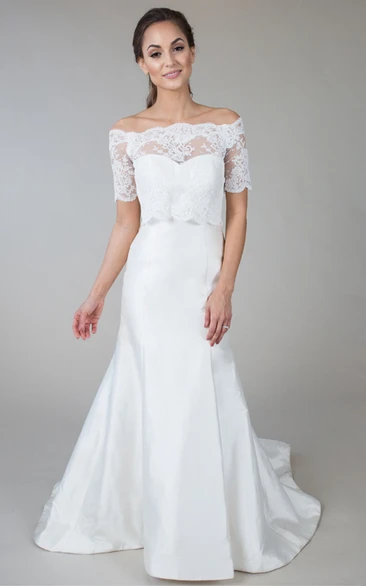 Short-Sleeve Off-The-Shoulder Satin&Lace Wedding Dress With Illusion