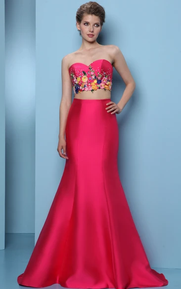 Mermaid Floor-Length Embroidered Sleeveless Sweetheart Satin Prom Dress With Sequins
