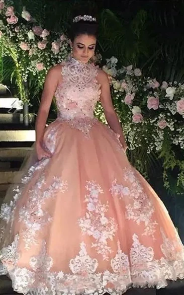Sleeveless Ball Gown High Neck Floor-length Lace Tulle Prom Dress with Appliques Beading Lace
