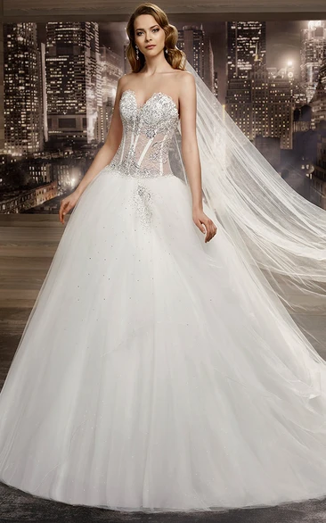 Sweetheart Brush-Train A-Line Bridal Gown With Beaded Corset And Asymmetrical Ruffles