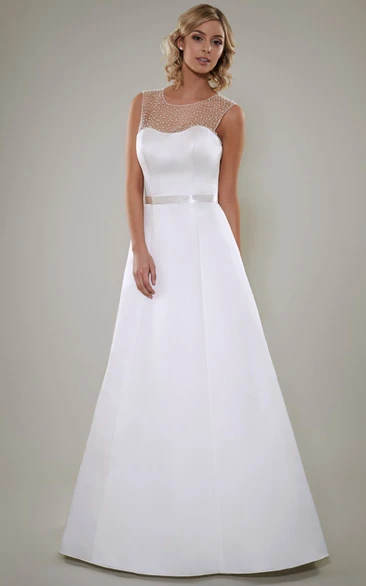 A-Line Scoop Floor-Length Sleeveless Beaded Satin Wedding Dress With Illusion Back